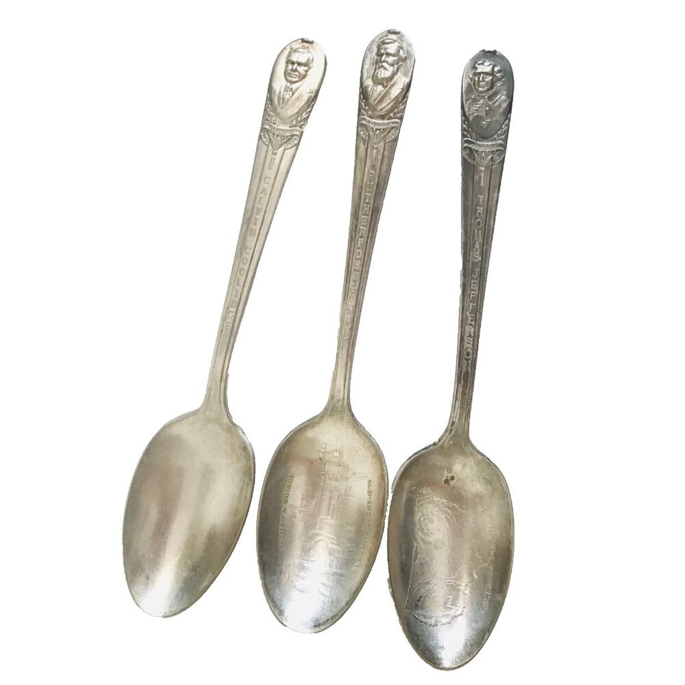 3 US Presidents Spoons Jefferson Hayes Coolidge Silver Plated Vintage WM Rogers